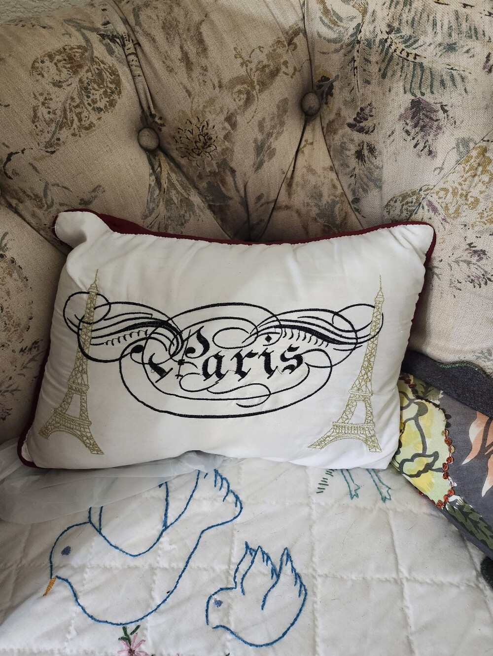 Paris Embroidered Accent Pillow - White and Gold